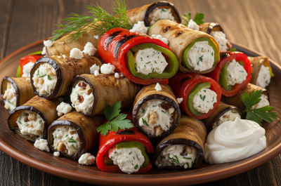 Fried Eggplant Rolls with Tomatoes and Spicy Cheese